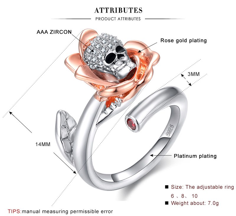 Women Gothic Punk Skull Skeleton Zinc Alloy Rings Jewelry Fashion Rose Gold Color Crystal Flor Open Ring Size 6,8,10