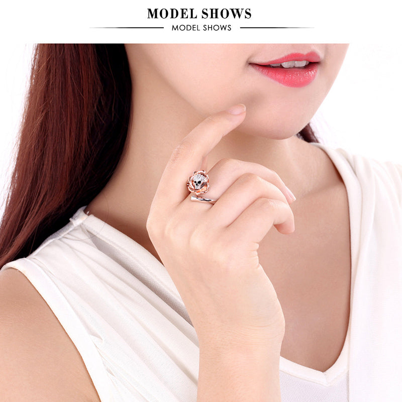 Women Gothic Punk Skull Skeleton Zinc Alloy Rings Jewelry Fashion Rose Gold Color Crystal Flor Open Ring Size 6,8,10
