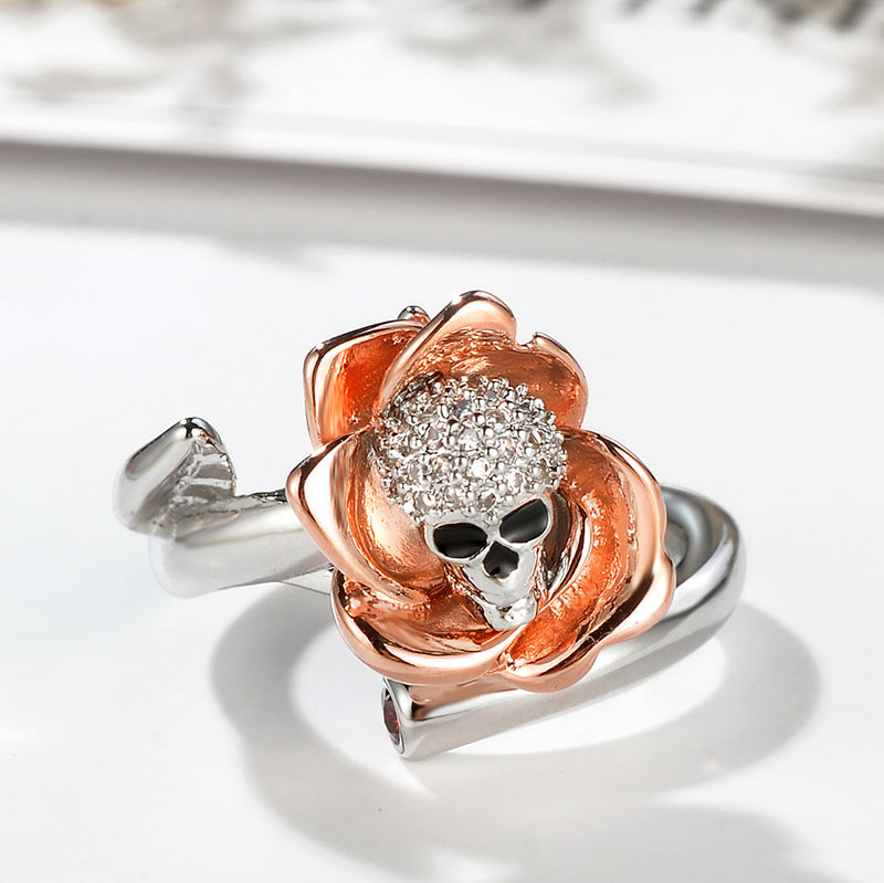Women Gothic Punk Skull Skeleton Zinc Alloy Rings Jewelry Fashion Rose Gold Color Crystal Flor Open Ring Size 6,8,10