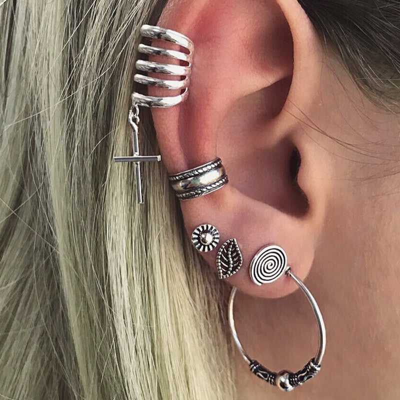 Vintage Hollow Out Silver Ear Cuff Earrings Sun Cross Earrings Fashion Jewelry Clip Earrings For Wedding Women