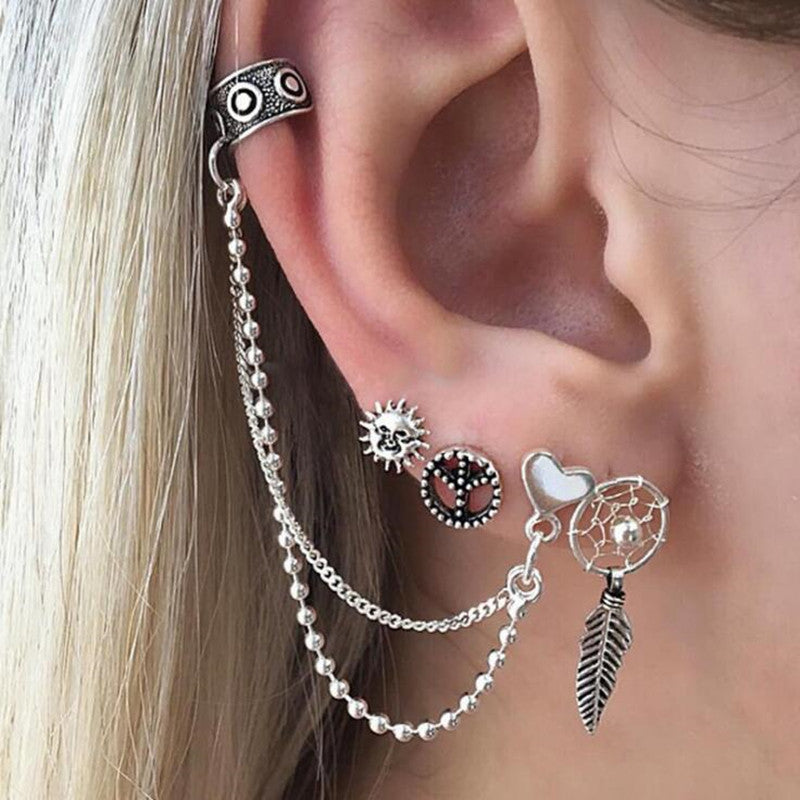 Vintage Elegant Statement Chain Sun Moon Leaves Earrings Fashion Jewelry Silver Ear Cuff Clip Earrings For Women