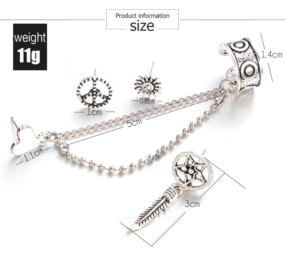 Vintage Elegant Statement Chain Sun Moon Leaves Earrings Fashion Jewelry Silver Ear Cuff Clip Earrings For Women