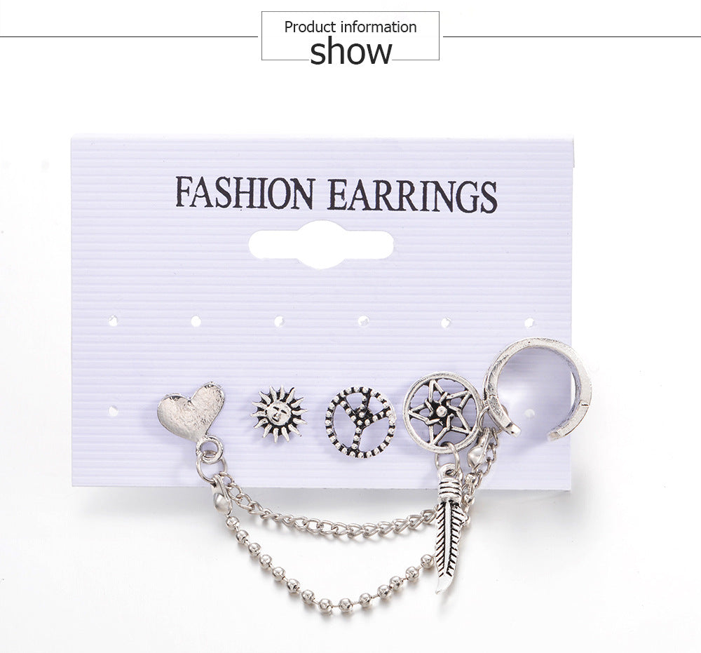 Vintage Elegant Statement Chain Sun Moon Leaves Earrings Fashion Jewelry Silver Ear Cuff Clip Earrings For Women