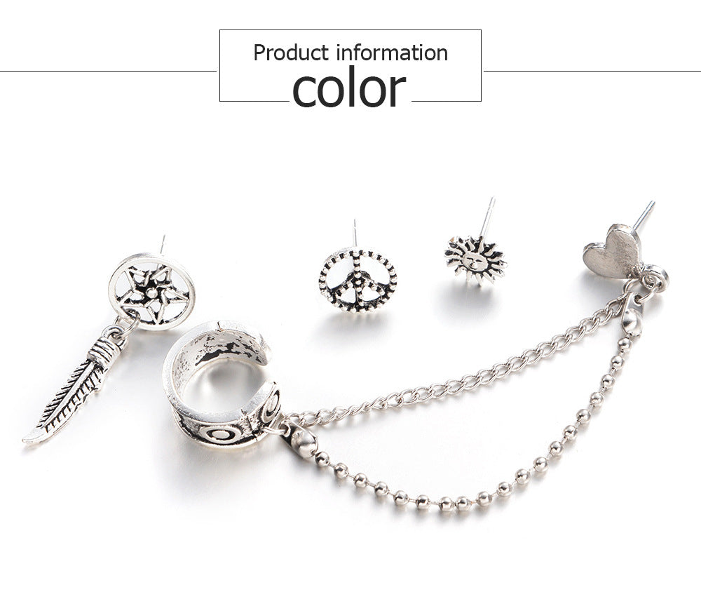 Vintage Elegant Statement Chain Sun Moon Leaves Earrings Fashion Jewelry Silver Ear Cuff Clip Earrings For Women