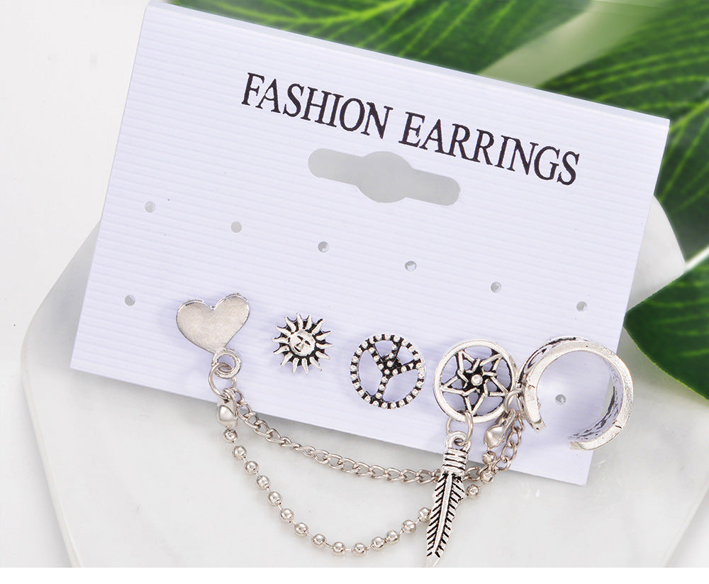 Vintage Elegant Statement Chain Sun Moon Leaves Earrings Fashion Jewelry Silver Ear Cuff Clip Earrings For Women