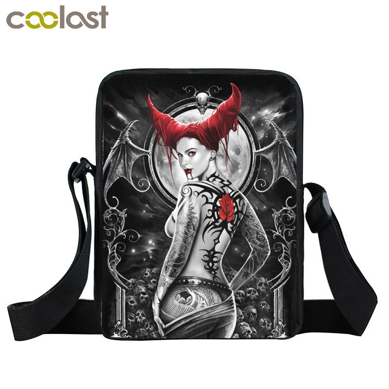 Dark Gothic Angel Skull Mini Messenger Bag Girls Ladies Shoulder Bags Grim Reaper Punk Women Cross Bag Kids Gift Bags Bookbag