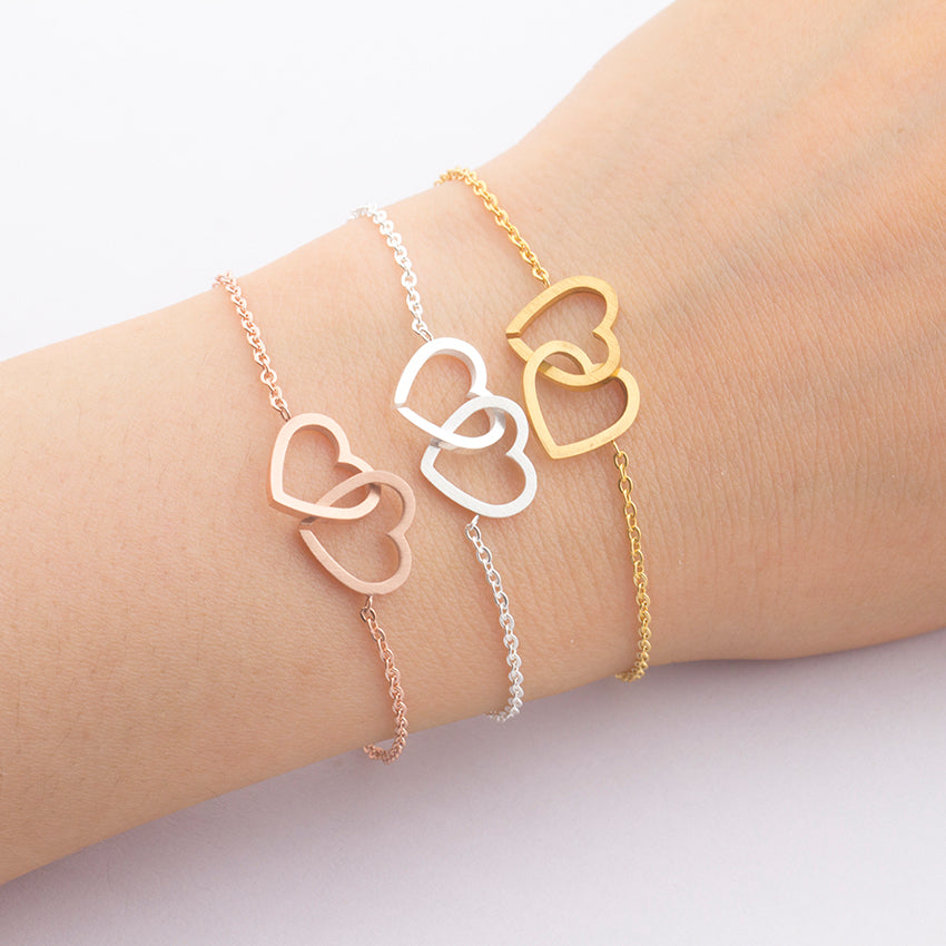 Double Heart Charm Bracelet For Women Rose Gold Pulsera Jewelry Stainless Steel Chain Armbanden Bijoux Femme Bridesmaid Gifts
