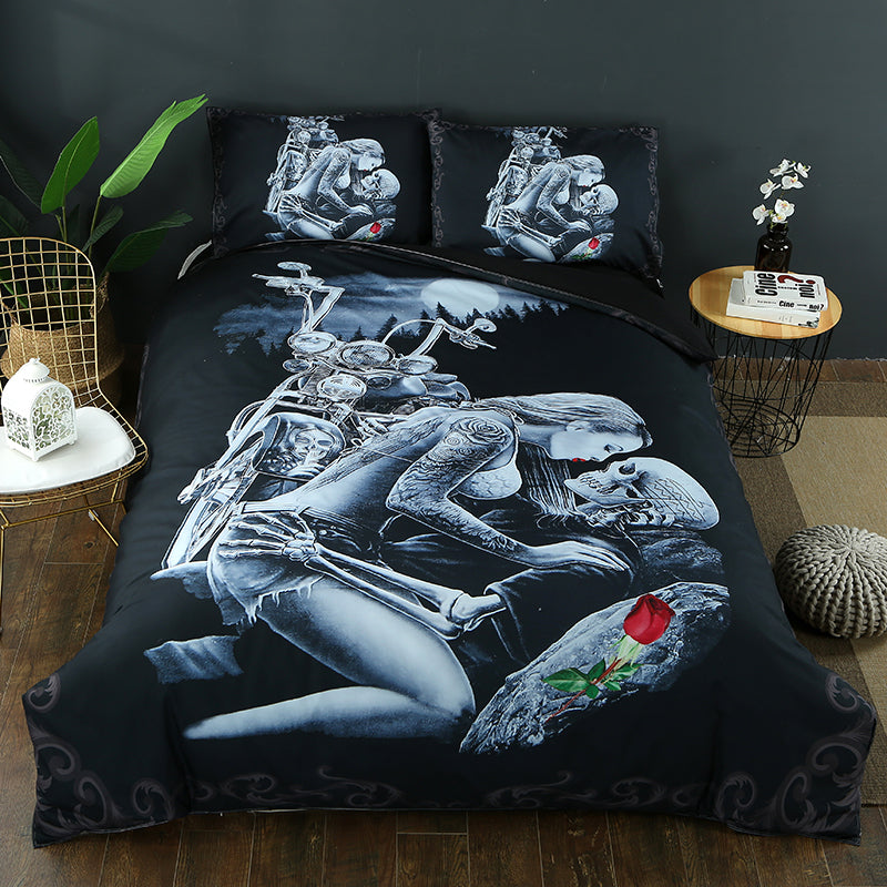 Red Rose Beauty Kiss Skull Duvet Cover Set