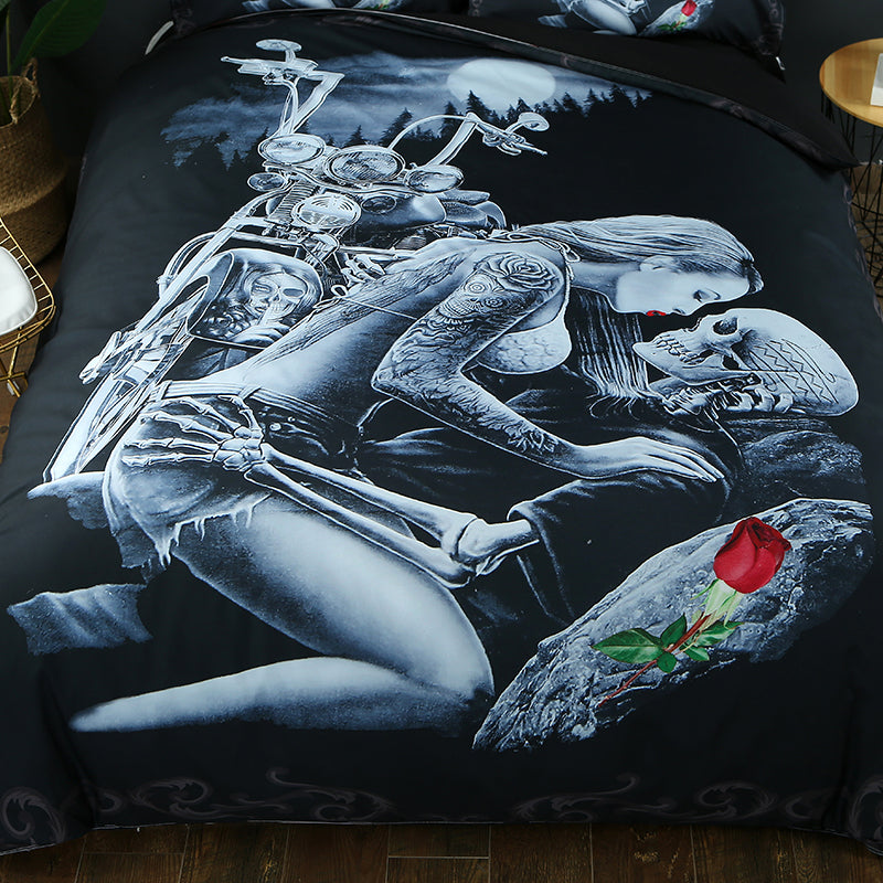 Red Rose Beauty Kiss Skull Duvet Cover Set