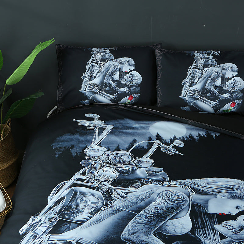 Red Rose Beauty Kiss Skull Duvet Cover Set