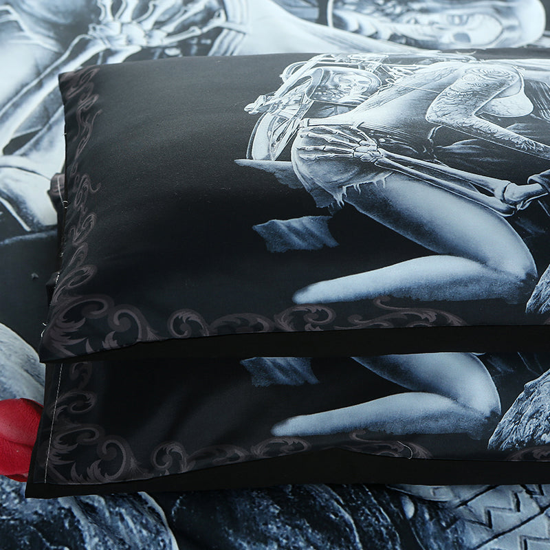 Red Rose Beauty Kiss Skull Duvet Cover Set