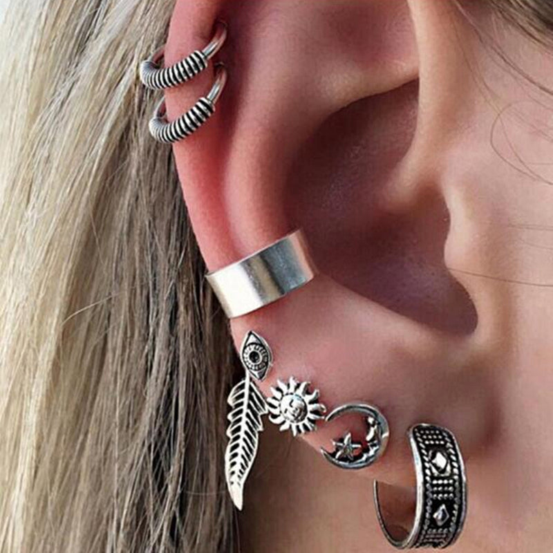 Punk Style Earring Sets For Women Ethnic Bohe Silver Color Ear Clip Tassel Earrings Feather Leaf Owl Earrings Wholesale