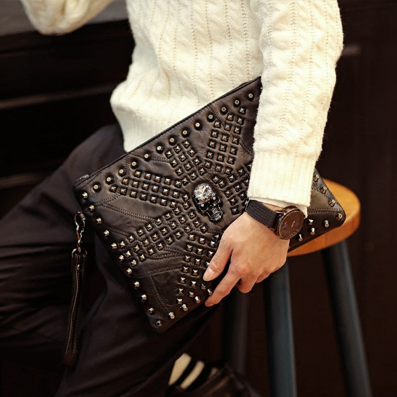 Thread Skull Envelope Bags Men Day Clutches Punk Rivets PU Document Wristlet Handbag Messenger Shoulder Bag HOT