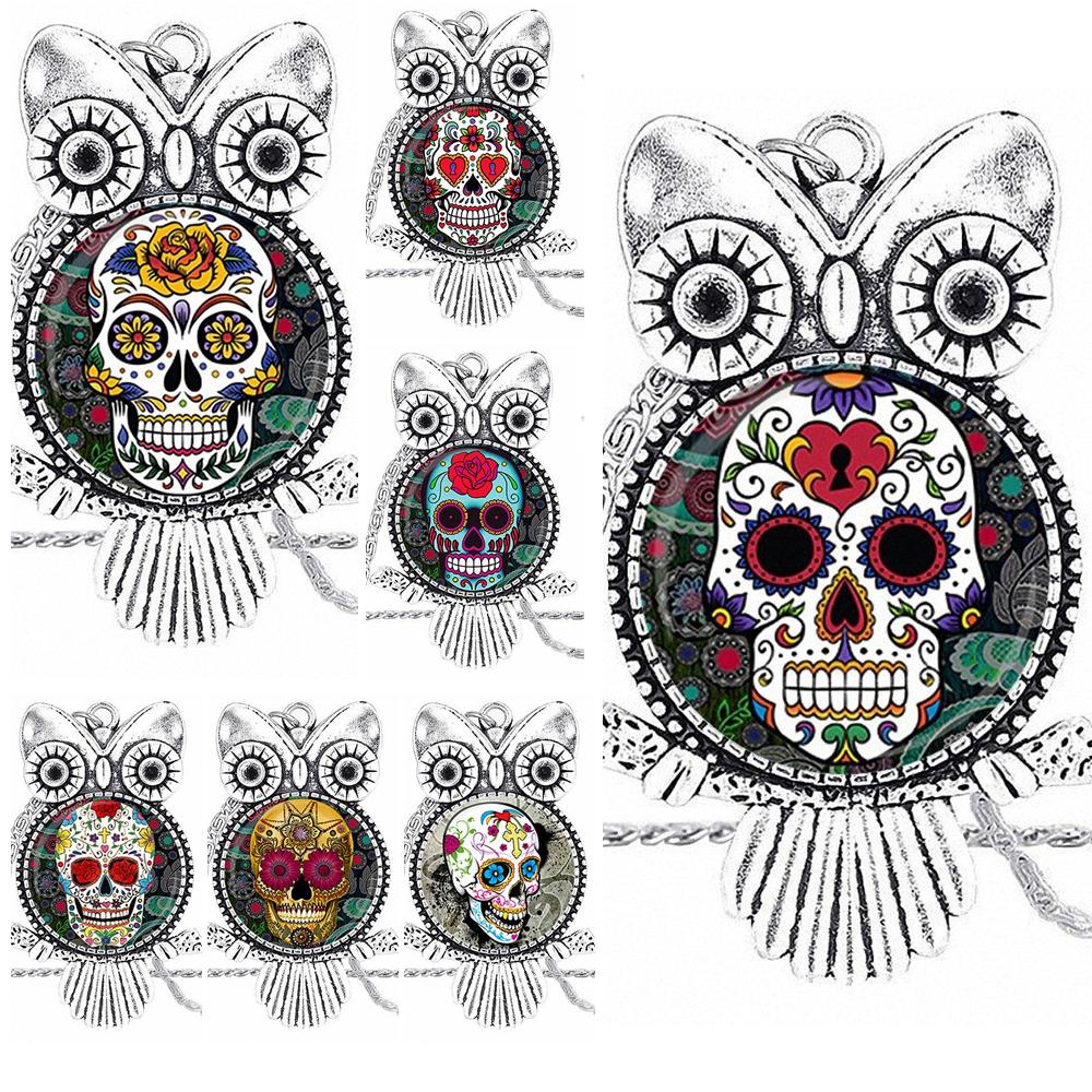 Sugar Skull Design Fashion Vintage Glass Women Owl Necklace
