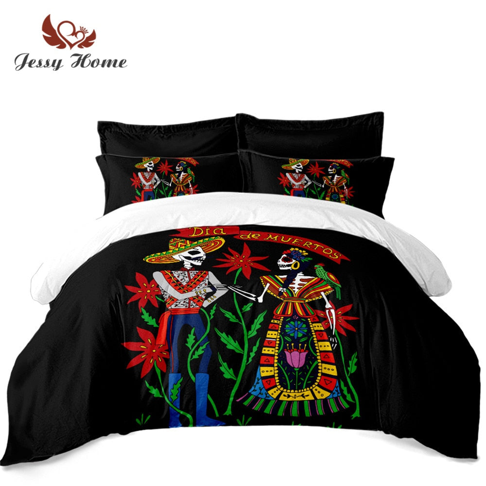 Couple Skeleton Bedding Set Colorful Floral Duvet Cover Sugar Skull