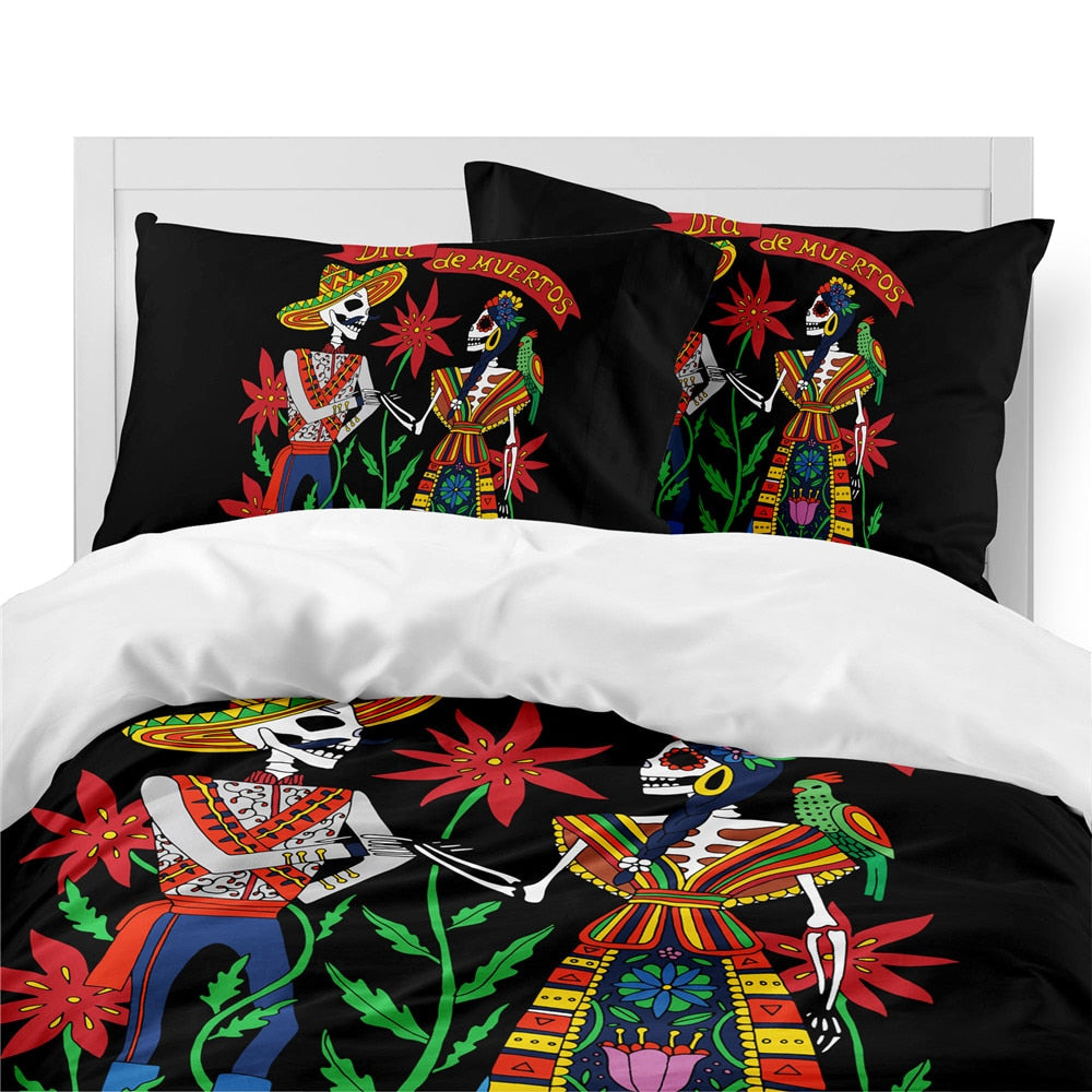 Couple Skeleton Bedding Set Colorful Floral Duvet Cover Sugar Skull