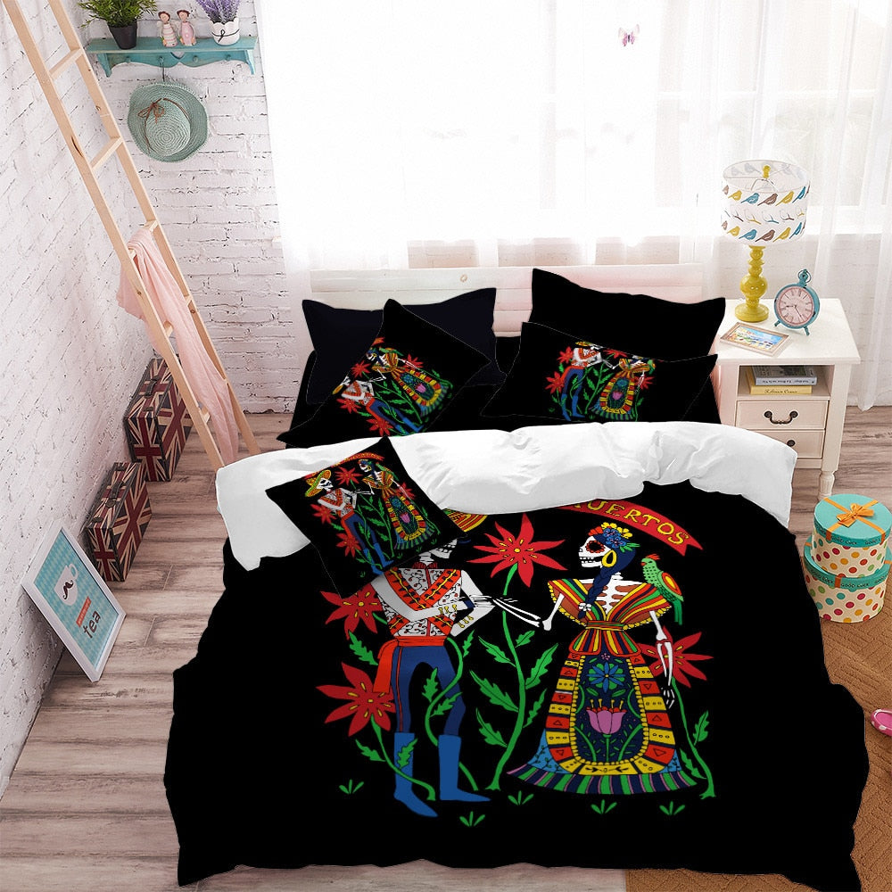 Couple Skeleton Bedding Set Colorful Floral Duvet Cover Sugar Skull