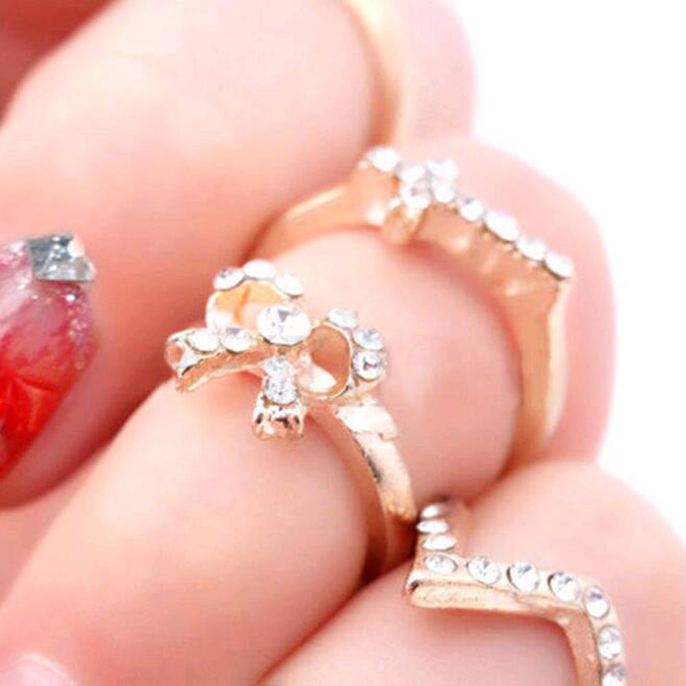 New 1 Set 7 pcs Women's Rhinestone Bowknot Knuckle Midi Mid Finger Tip Stacking Rings