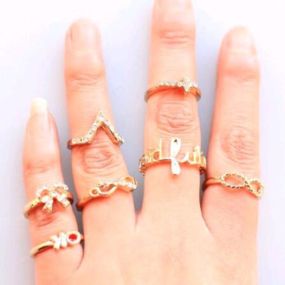 New 1 Set 7 pcs Women's Rhinestone Bowknot Knuckle Midi Mid Finger Tip Stacking Rings
