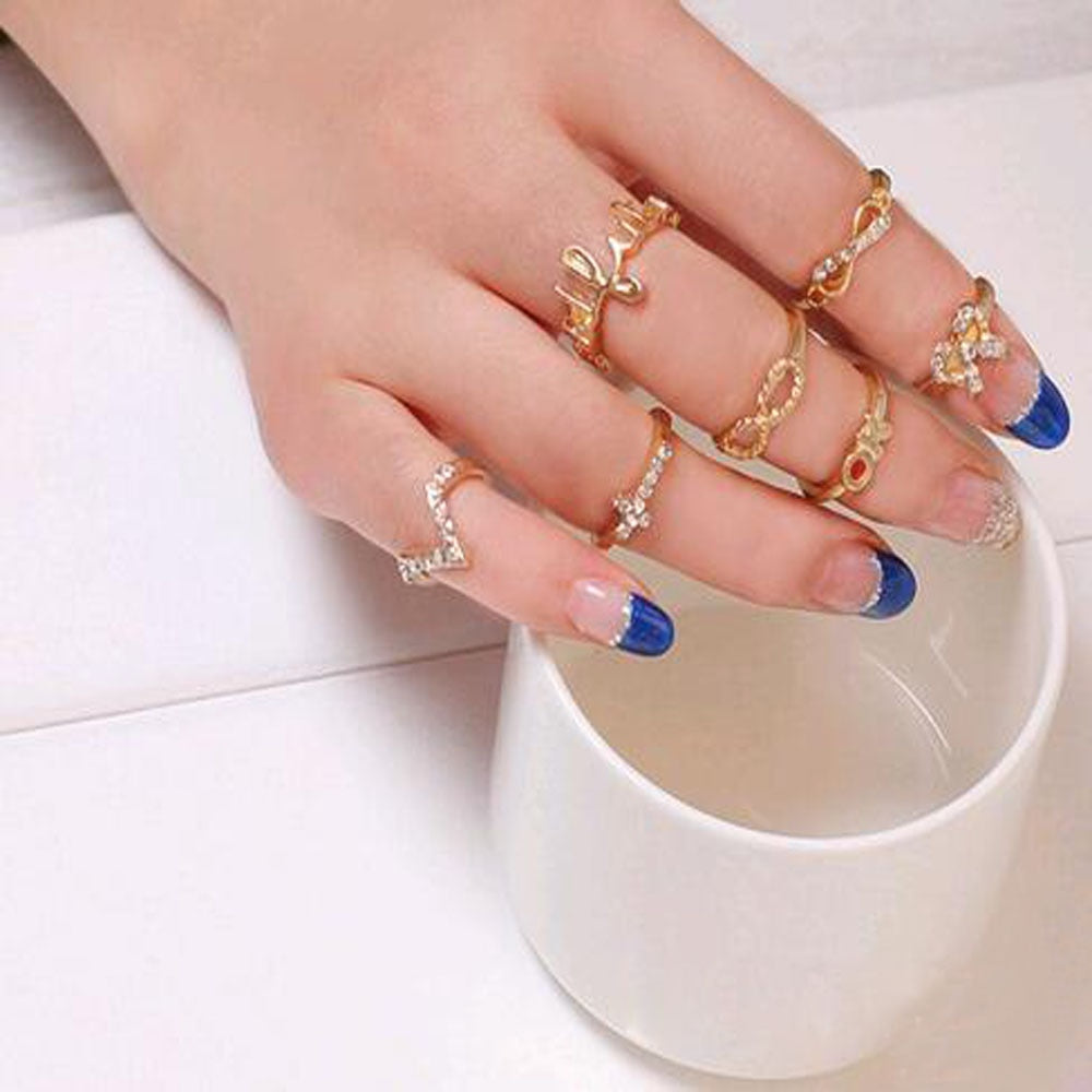 New 1 Set 7 pcs Women's Rhinestone Bowknot Knuckle Midi Mid Finger Tip Stacking Rings