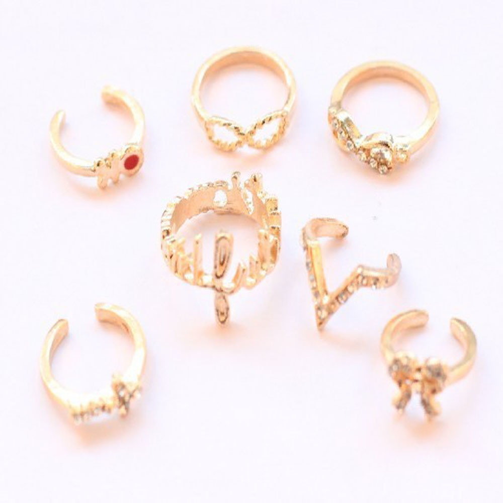New 1 Set 7 pcs Women's Rhinestone Bowknot Knuckle Midi Mid Finger Tip Stacking Rings