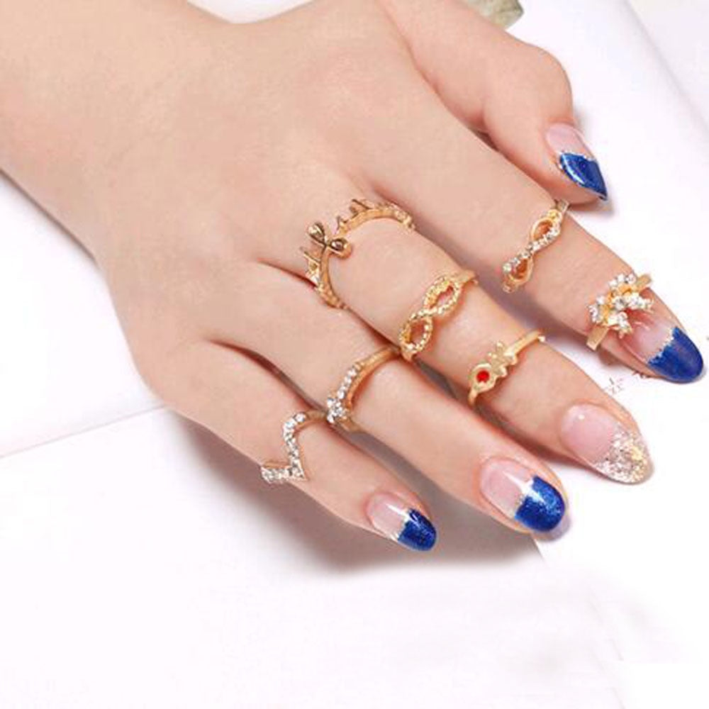 New 1 Set 7 pcs Women's Rhinestone Bowknot Knuckle Midi Mid Finger Tip Stacking Rings