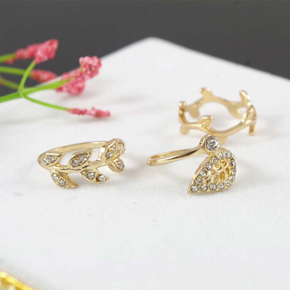 New Cute Sweet Style Crystal Rhinestone 3pcs\set Leaf Crown Cross Midi Knuckle Finger Joint Rings women