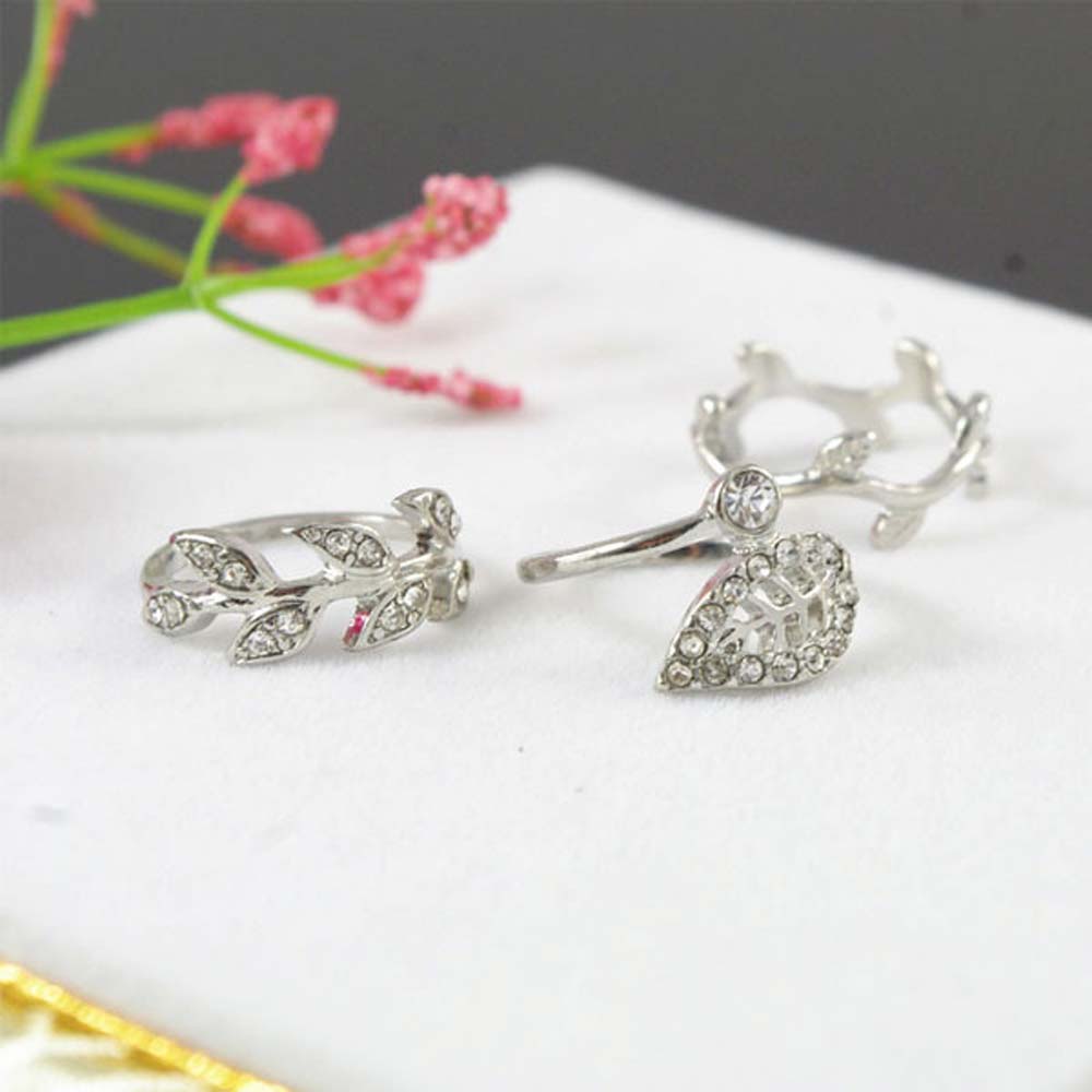 New Cute Sweet Style Crystal Rhinestone 3pcs\set Leaf Crown Cross Midi Knuckle Finger Joint Rings women