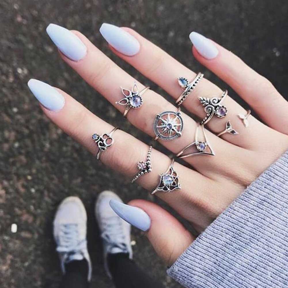 9 Pcs/set Bohemian Mermaid Tail Compass Yoga Water Drop Hollow Carved Women Ring Set