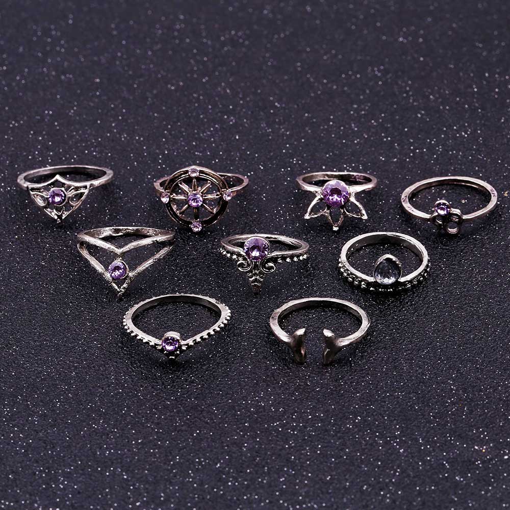 9 Pcs/set Bohemian Mermaid Tail Compass Yoga Water Drop Hollow Carved Women Ring Set