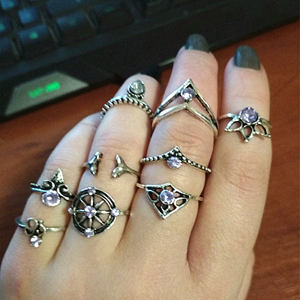 9 Pcs/set Bohemian Mermaid Tail Compass Yoga Water Drop Hollow Carved Women Ring Set