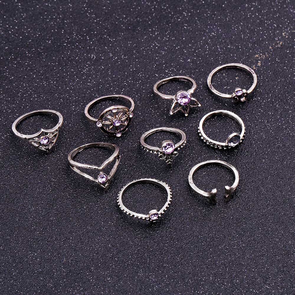 9 Pcs/set Bohemian Mermaid Tail Compass Yoga Water Drop Hollow Carved Women Ring Set