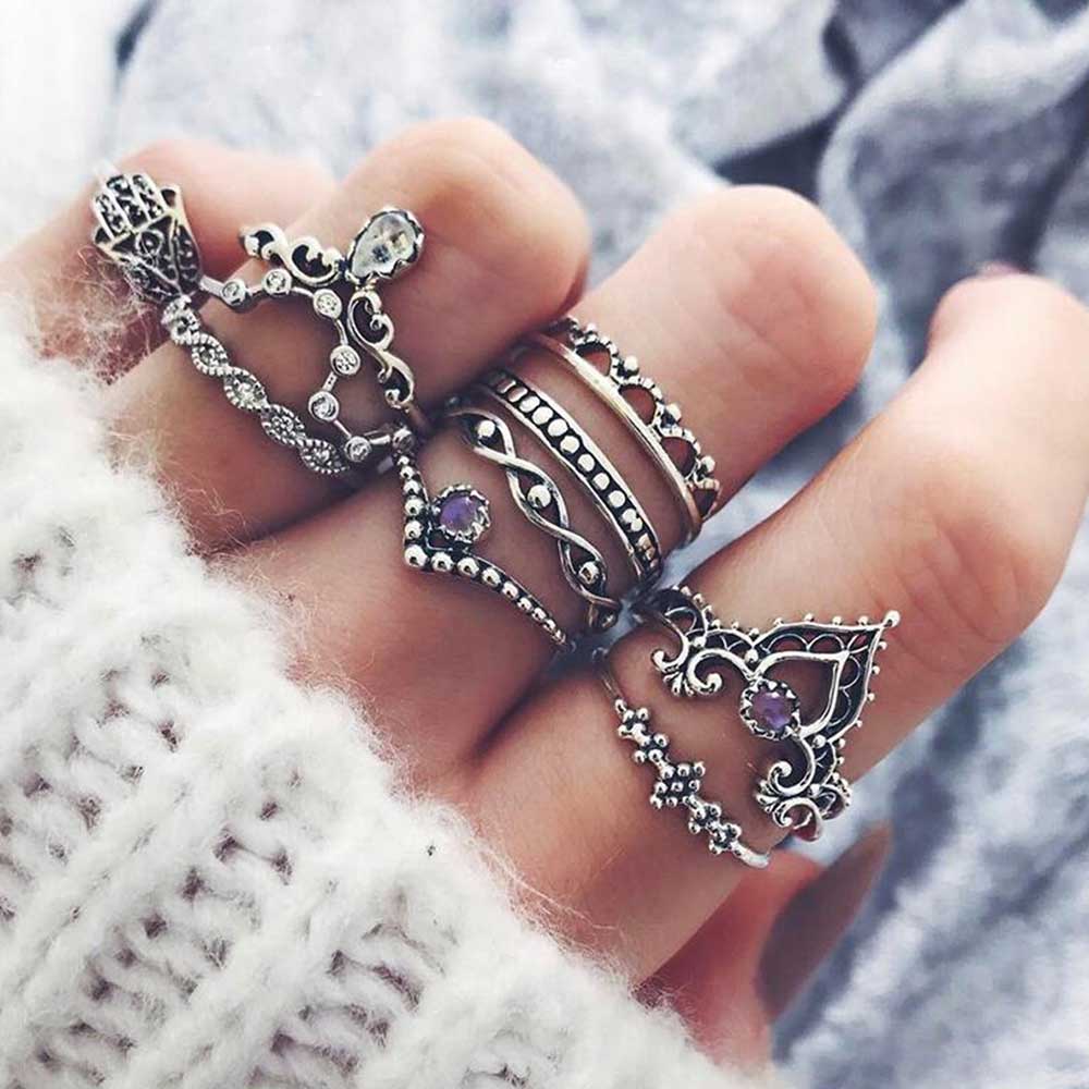 Fashion 10Pcs/Set Bohemian Hollow Water Drop Pattern Vintage Crystal Beidou Seven Stars Fatima Hand Ring For Women gifts
