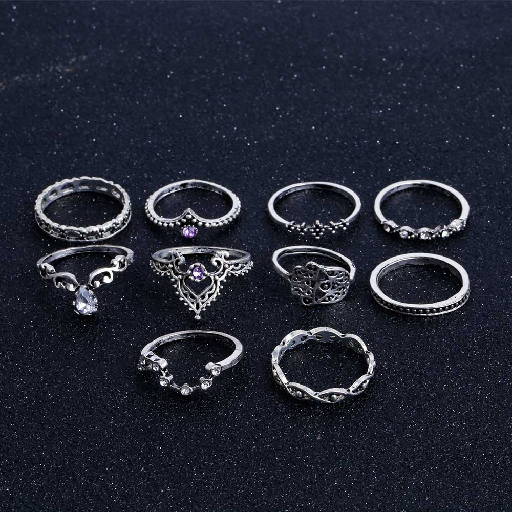 Fashion 10Pcs/Set Bohemian Hollow Water Drop Pattern Vintage Crystal Beidou Seven Stars Fatima Hand Ring For Women gifts