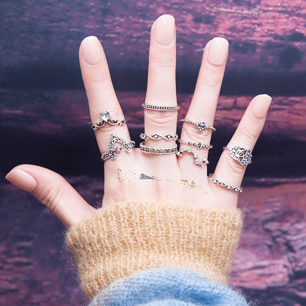 Fashion 10Pcs/Set Bohemian Hollow Water Drop Pattern Vintage Crystal Beidou Seven Stars Fatima Hand Ring For Women gifts