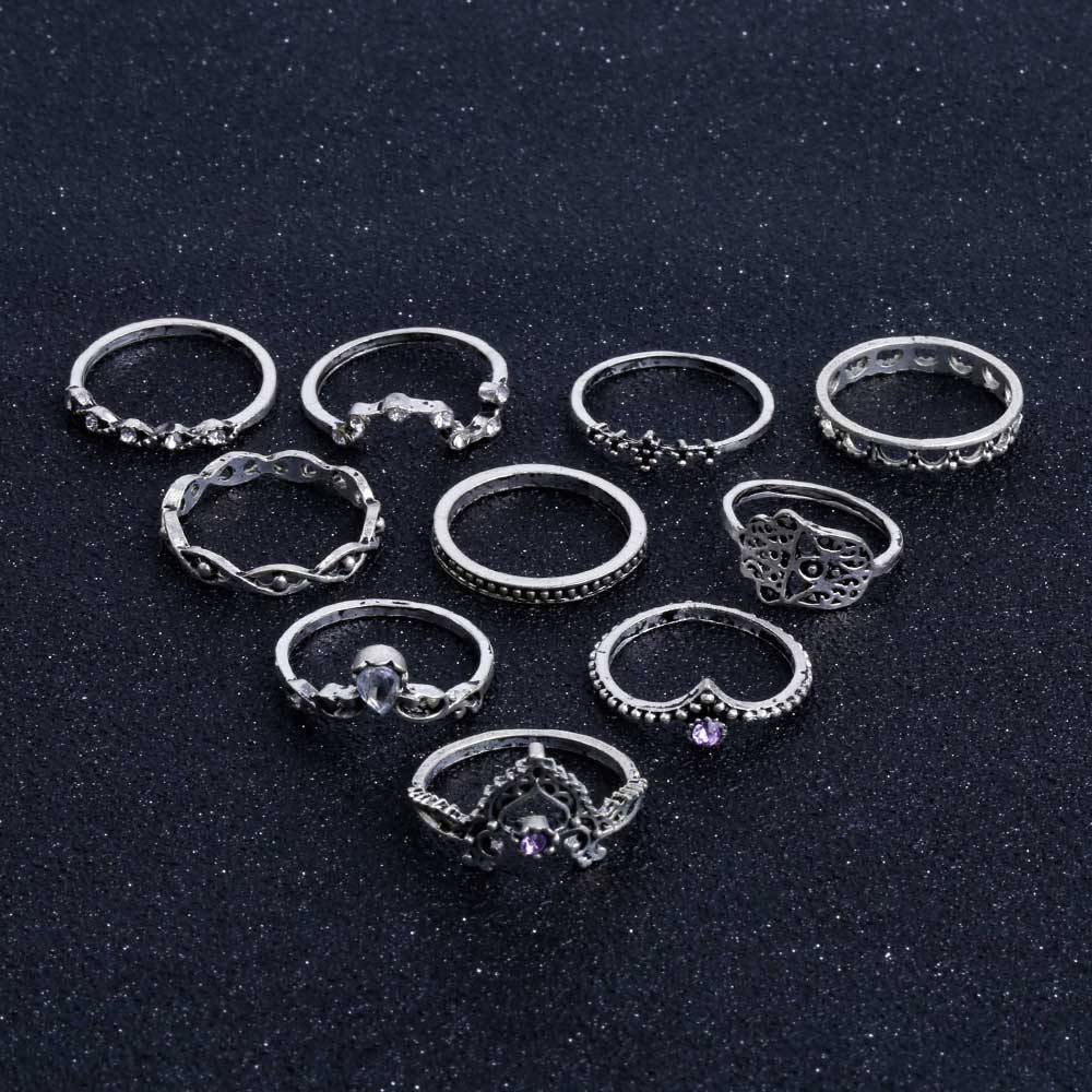 Fashion 10Pcs/Set Bohemian Hollow Water Drop Pattern Vintage Crystal Beidou Seven Stars Fatima Hand Ring For Women gifts