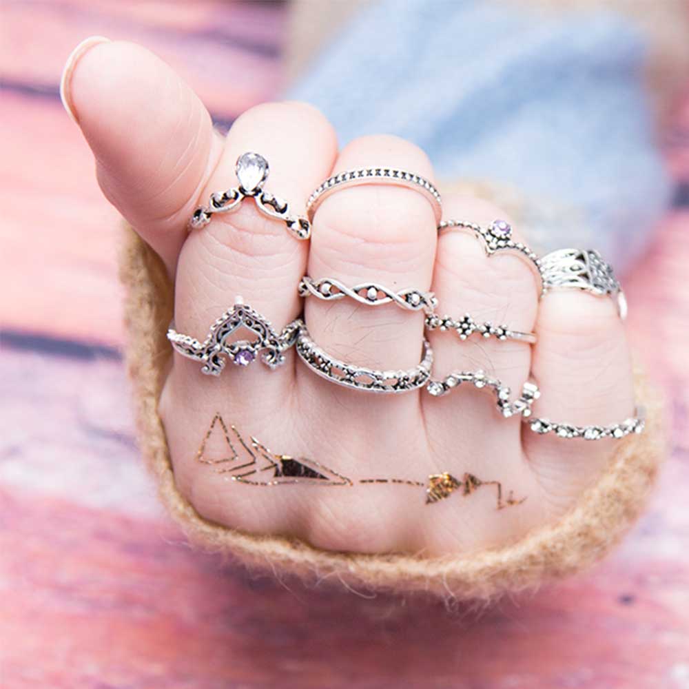 Fashion 10Pcs/Set Bohemian Hollow Water Drop Pattern Vintage Crystal Beidou Seven Stars Fatima Hand Ring For Women gifts