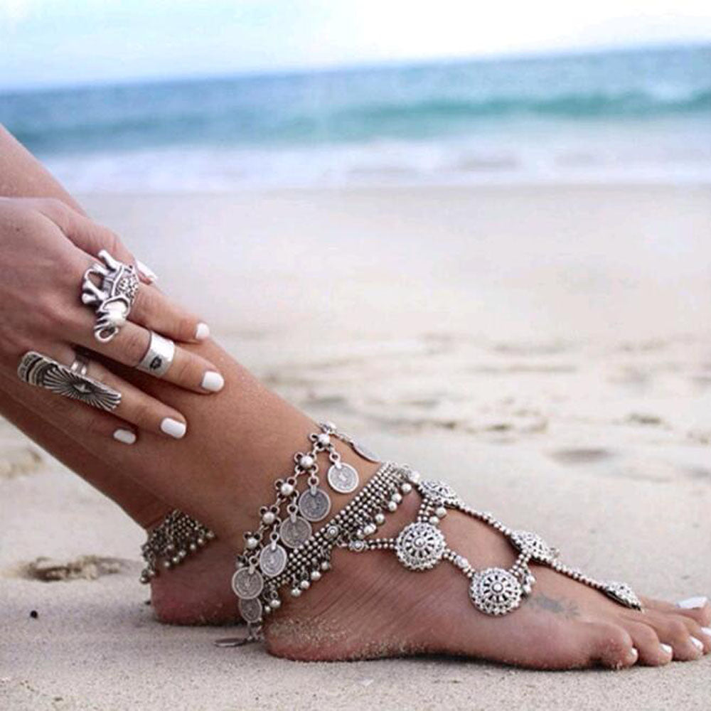 Silver Color Bohemian Metal Tassel Anklet Luxury Charm Coin Ankle Bracelet For Women Jewelry Summer Style
