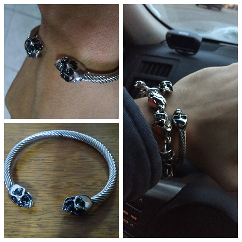 Punk Rock Stainless Steel Bracelet Men Antique Silver Gold Color Skull Bracelet Men Gothic Jewelry Open Bracelet&Bangles