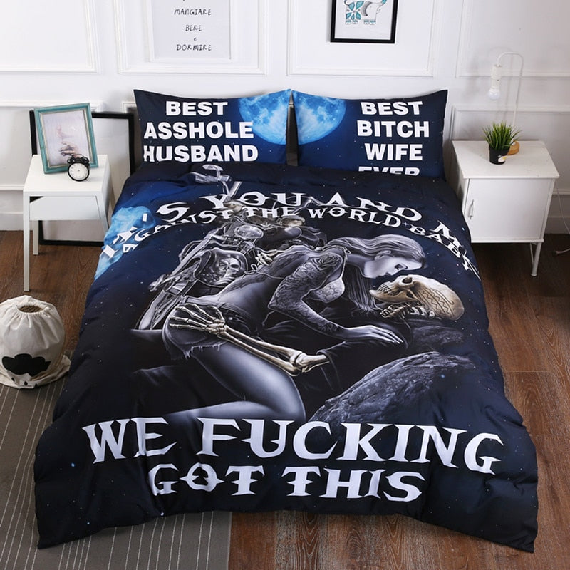 Black skull bedding set queen size 3d Couple kissing skull printed duvet Cover With Pillowcases