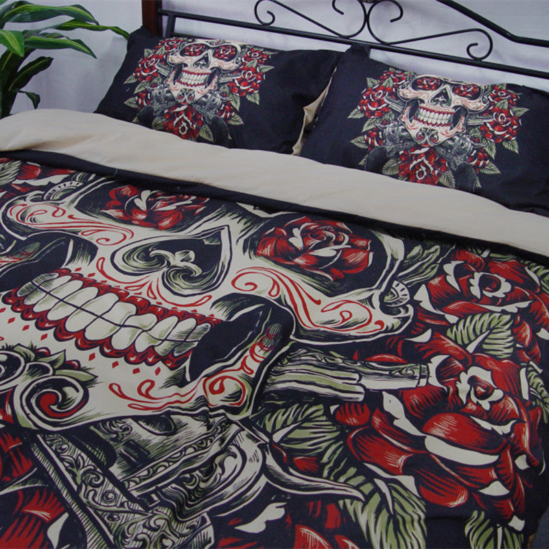 Fanaijia rose Skull Bedding Sets queen size Sugar pistol skull Duvet Cover Bed cool skull Print Black Bedclothes AU US bedline