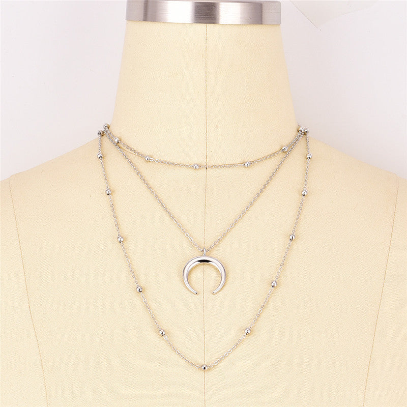 Fashion Metal Beads Chain Choker Necklace for Women Multilayer Moon Pendant Necklace Boho Beach Collar Jewelry Christmas Gift
