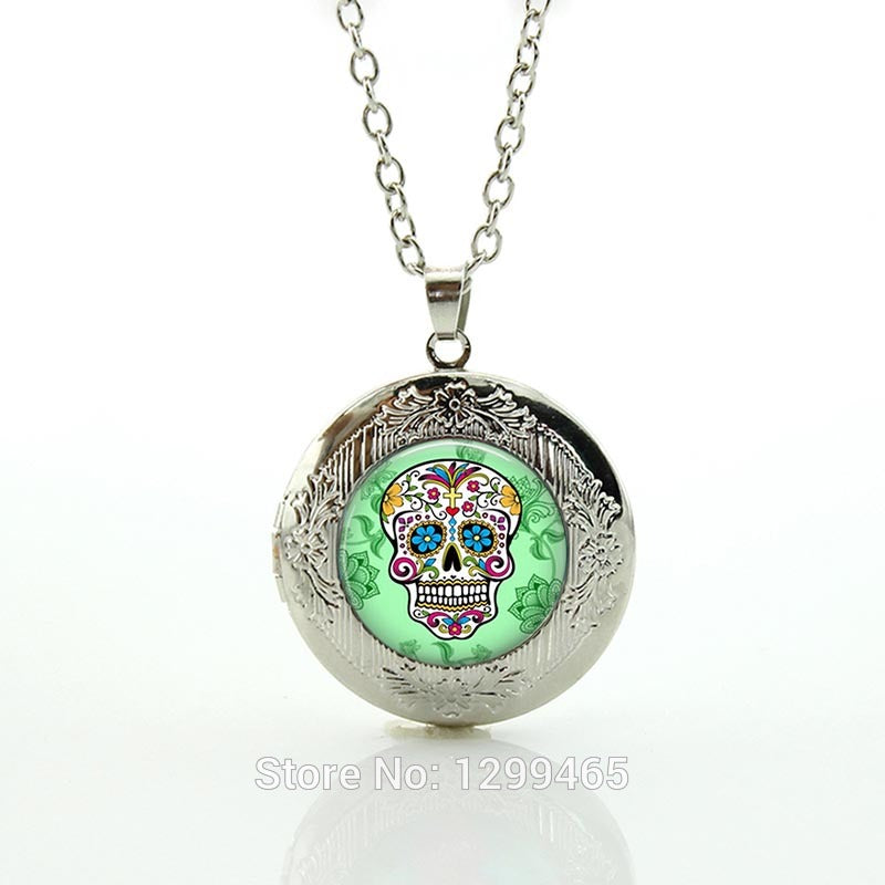 Fashion Necklace,Sugar Skull Silver Finish Pendant Necklace,Handmade Long Necklace,Day of The Dead Jewelry locket pendant
