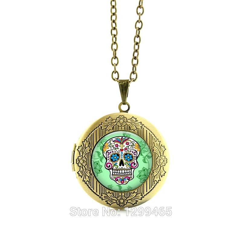 Fashion Necklace,Sugar Skull Silver Finish Pendant Necklace,Handmade Long Necklace,Day of The Dead Jewelry locket pendant