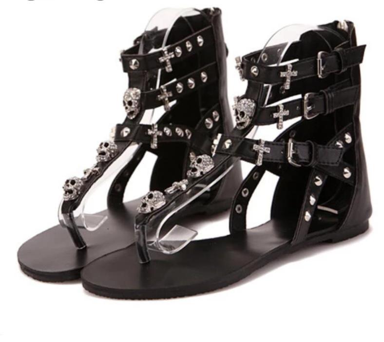 Fashion Sandals Woman Rhinestone Shoes Female Crosses Skull