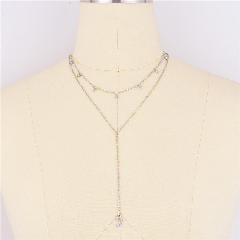 Fashion Sequins Crystal Moon Pendant Necklace for Women Silver Color Multilayer Collar Choker Necklace Bohemian Jewelry Gift