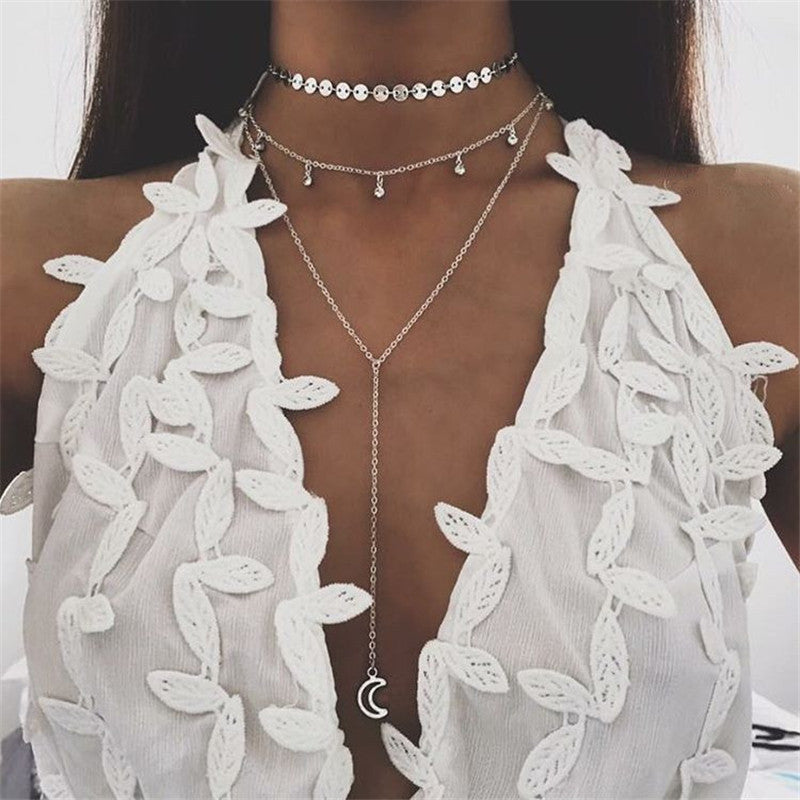 Fashion Sequins Crystal Moon Pendant Necklace for Women Silver Color Multilayer Collar Choker Necklace Bohemian Jewelry Gift