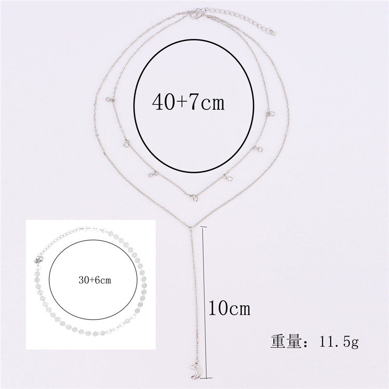 Fashion Sequins Crystal Moon Pendant Necklace for Women Silver Color Multilayer Collar Choker Necklace Bohemian Jewelry Gift