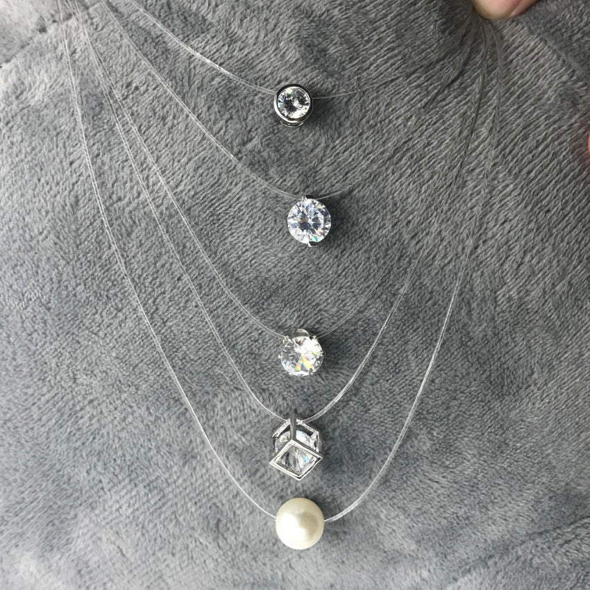 Fashion Square Imitation Pearl Stone Crystal Zircon Necklace Invisible Transparent Fishing Line Chain Necklace For Women