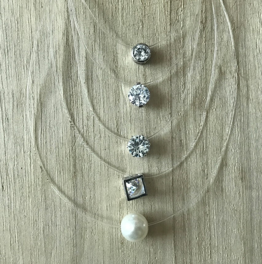 Fashion Square Imitation Pearl Stone Crystal Zircon Necklace Invisible Transparent Fishing Line Chain Necklace For Women
